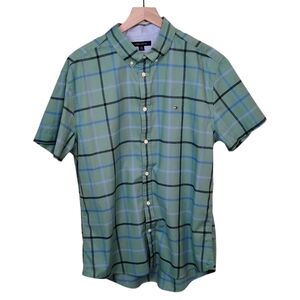 Tommy Hilfiger Green with Blue and Black Stripes Casual Button Down Shirt, XL